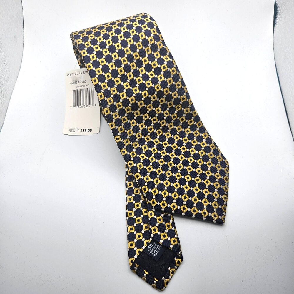 New Westbury London Silk Hand Peiced Tie Navy and Yellow Geometric $55 USA